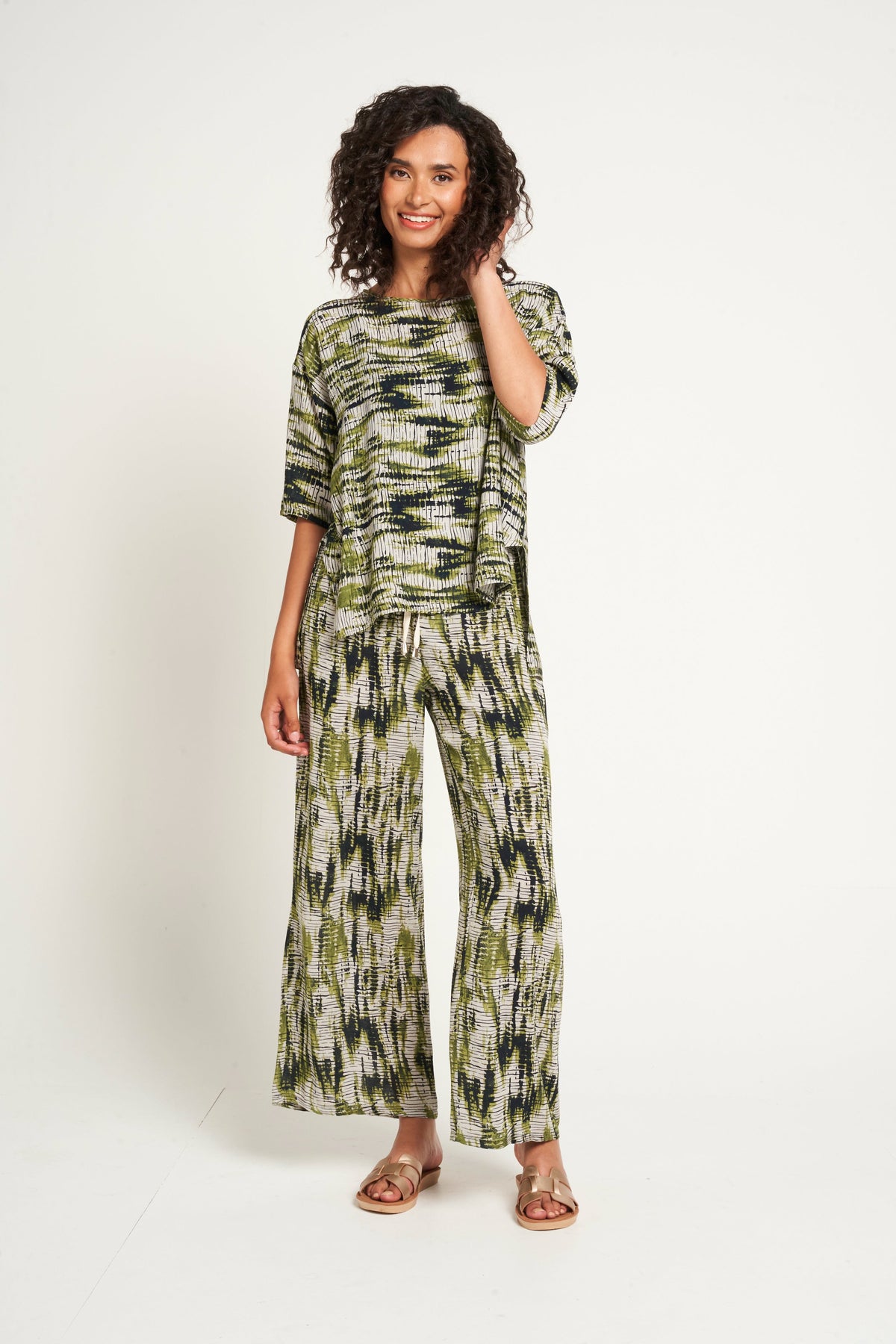 Saloos Multi Tone Draw String Printed Wide Legs Trousers