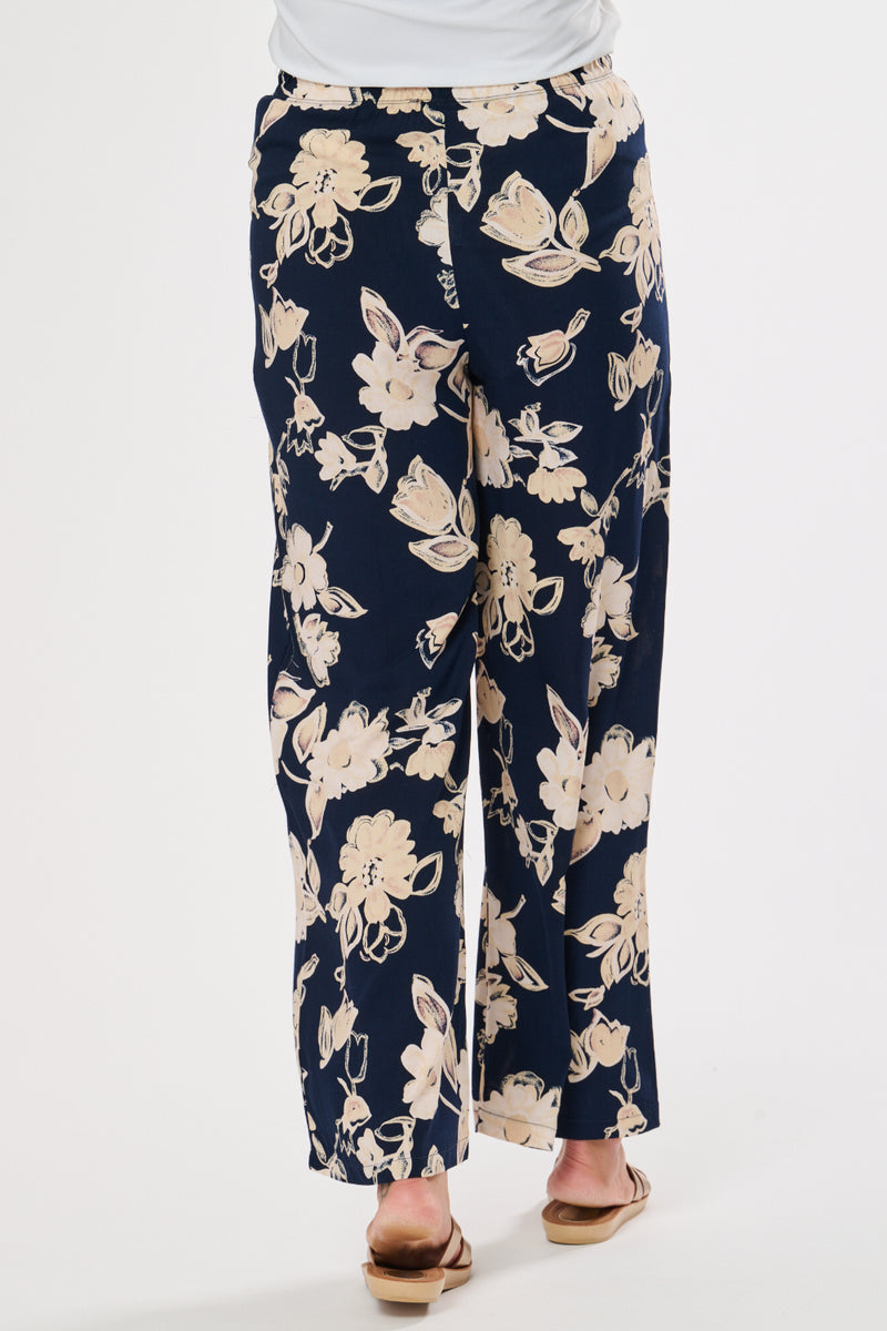 Saloos Floral Print Trousers with Mocktie Elasticated Waist