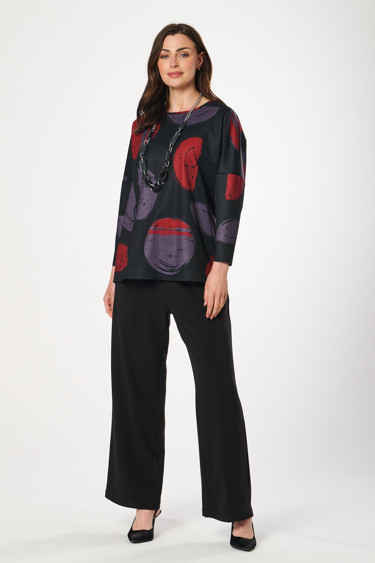 Saloos Elliptical Hem Abstract Print Top with Necklace