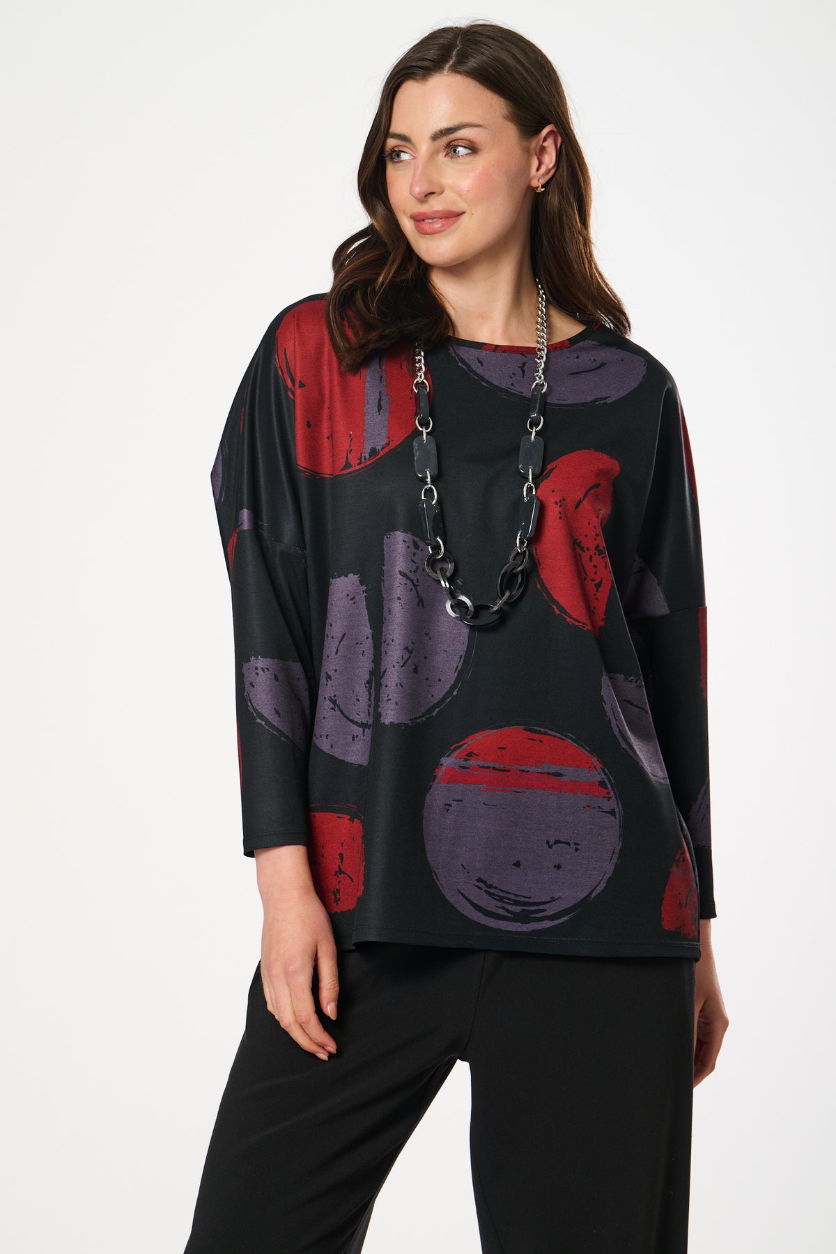 Saloos Elliptical Hem Abstract Print Top with Necklace