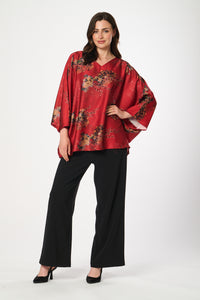 Satin Style Batwing One-Size Top with Oriental Print