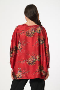 Satin Style Batwing One-Size Top with Oriental Print