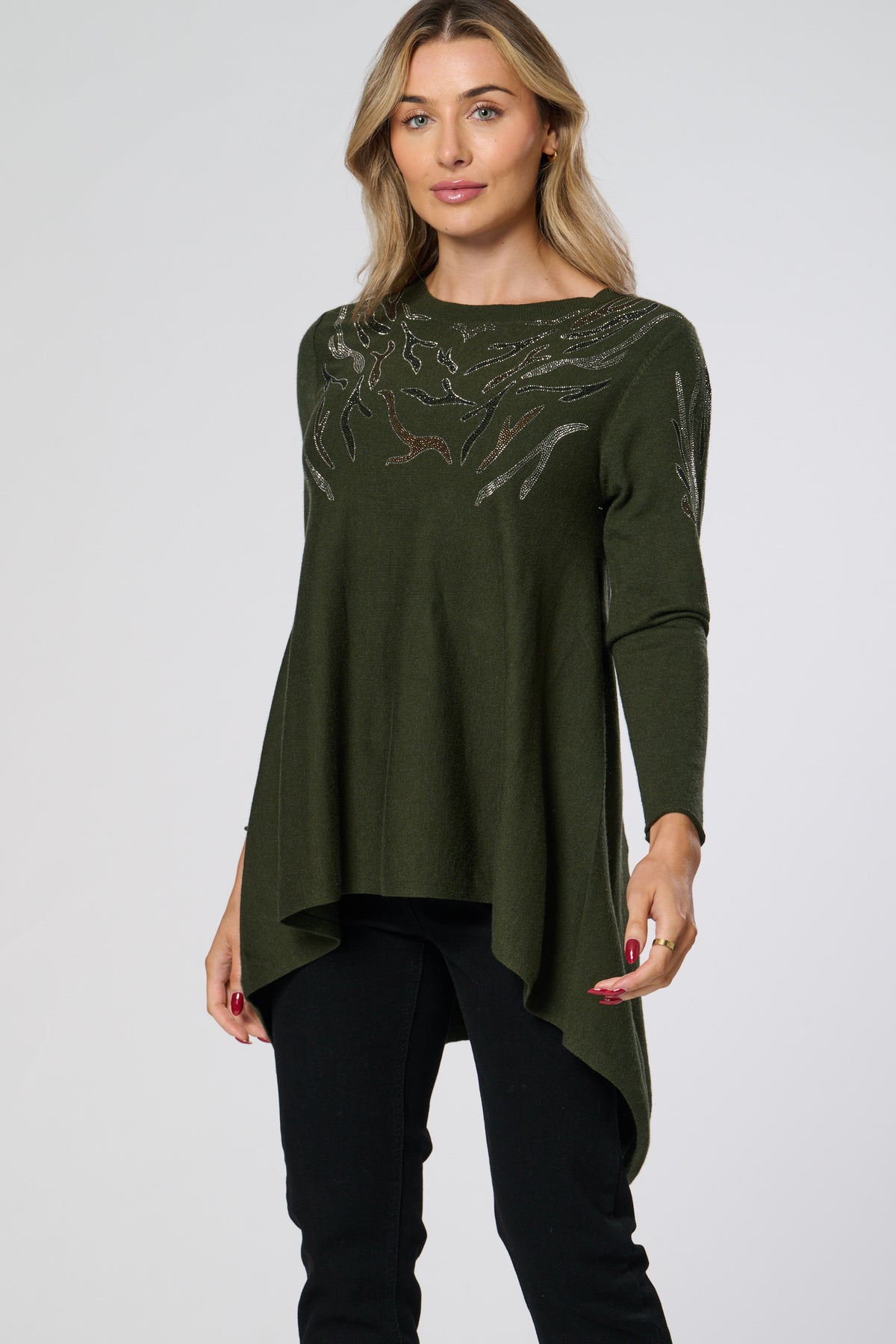 Saloos Soft Knit Dip Back Embellished Swing Tunic