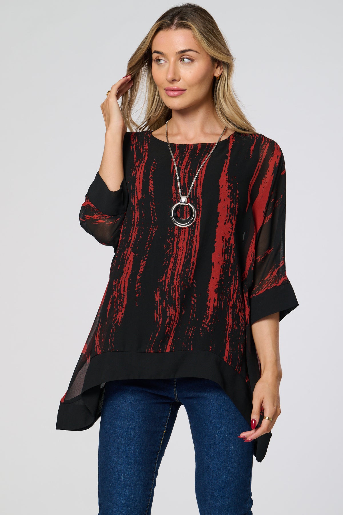 Saloos Plain Hem and Sleeve Bands Tunic with Necklace