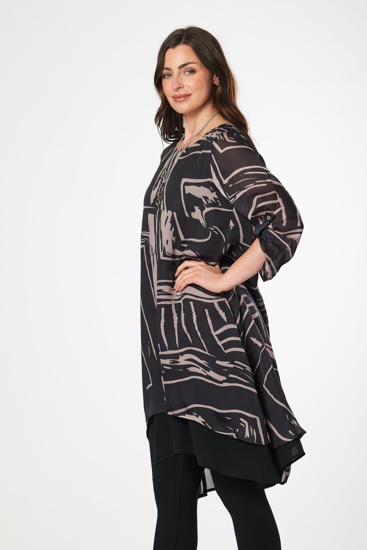 Saloos Ruched Sleeve A-line Dress with Necklace