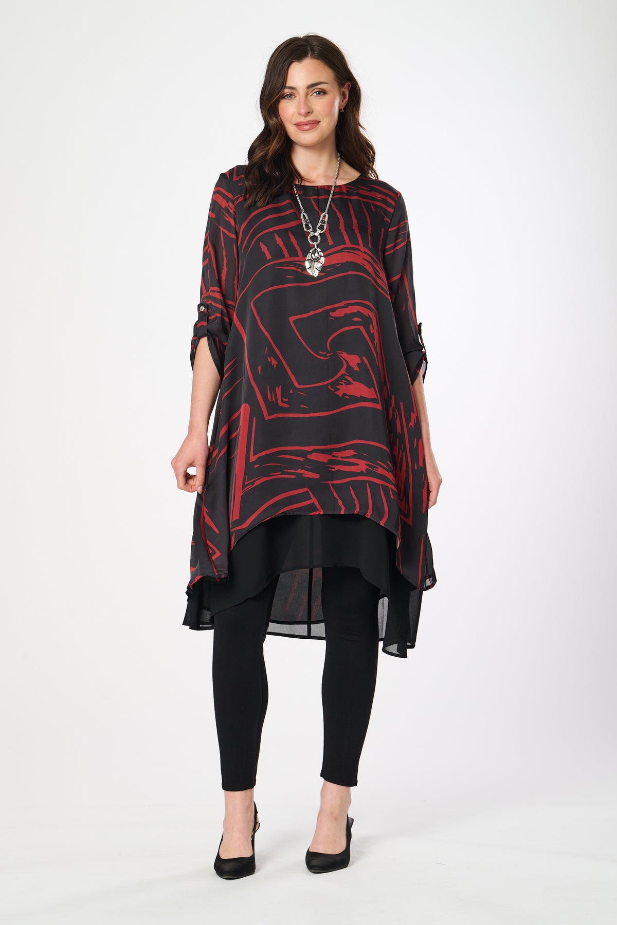 Saloos Ruched Sleeve A-line Dress with Necklace