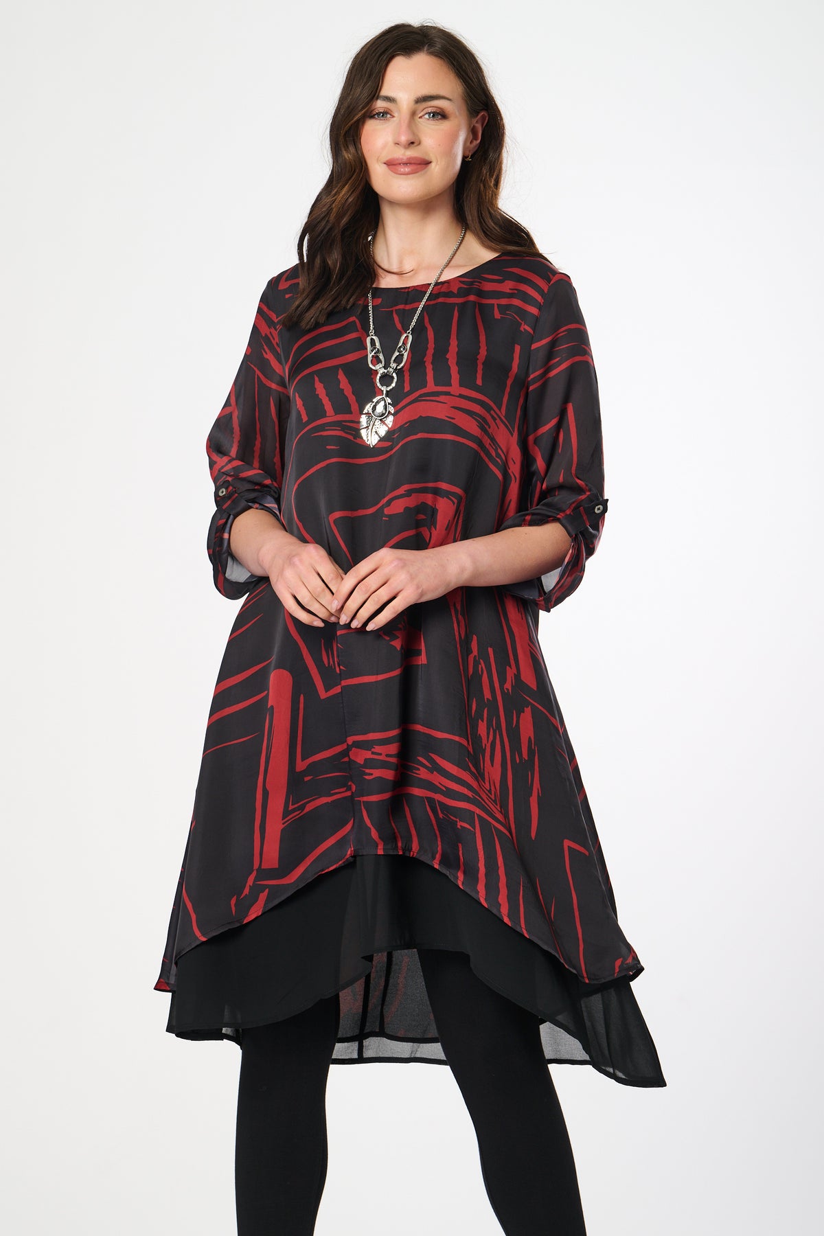 Saloos Ruched Sleeve A-line Dress with Necklace