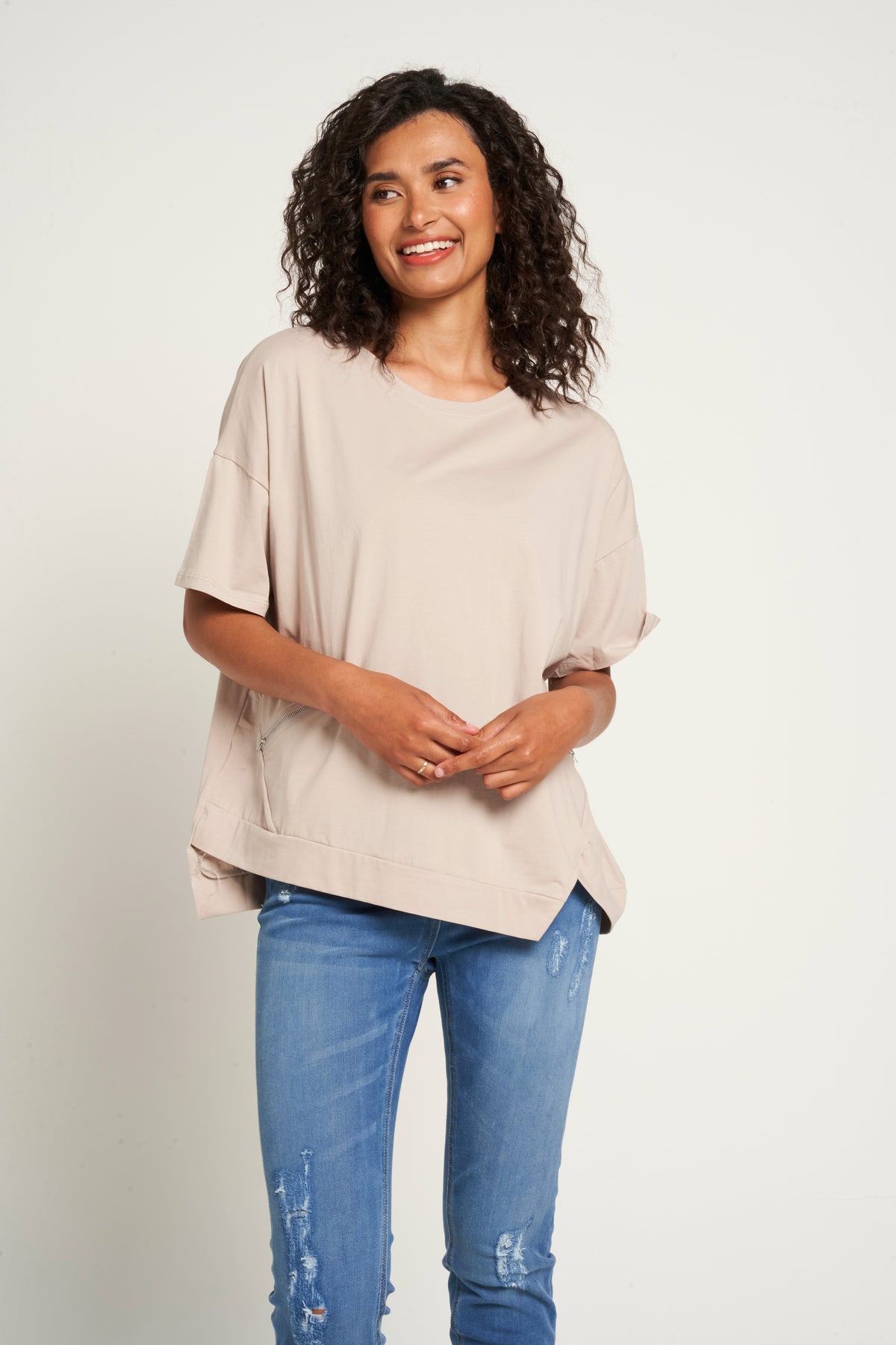 Saloos Asymmetrical Hem Cotton Top with Zip Pockets