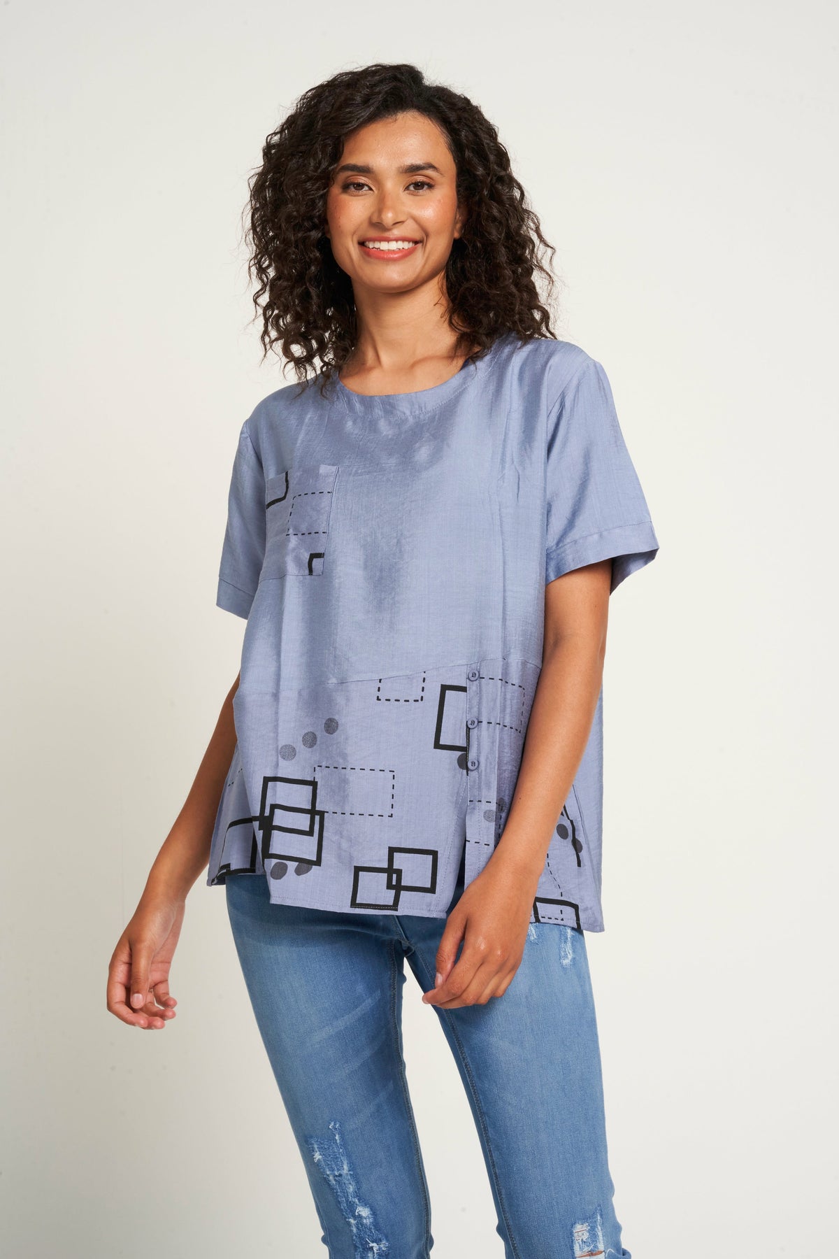 Saloos Print/Plain Panelled Top with Front Pocket