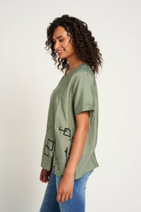 Saloos Print/Plain Panelled Top with Front Pocket