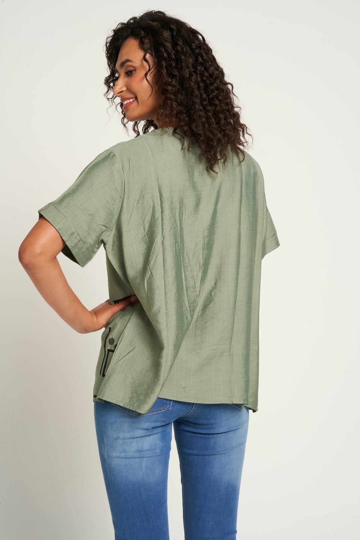 Saloos Print/Plain Panelled Top with Front Pocket