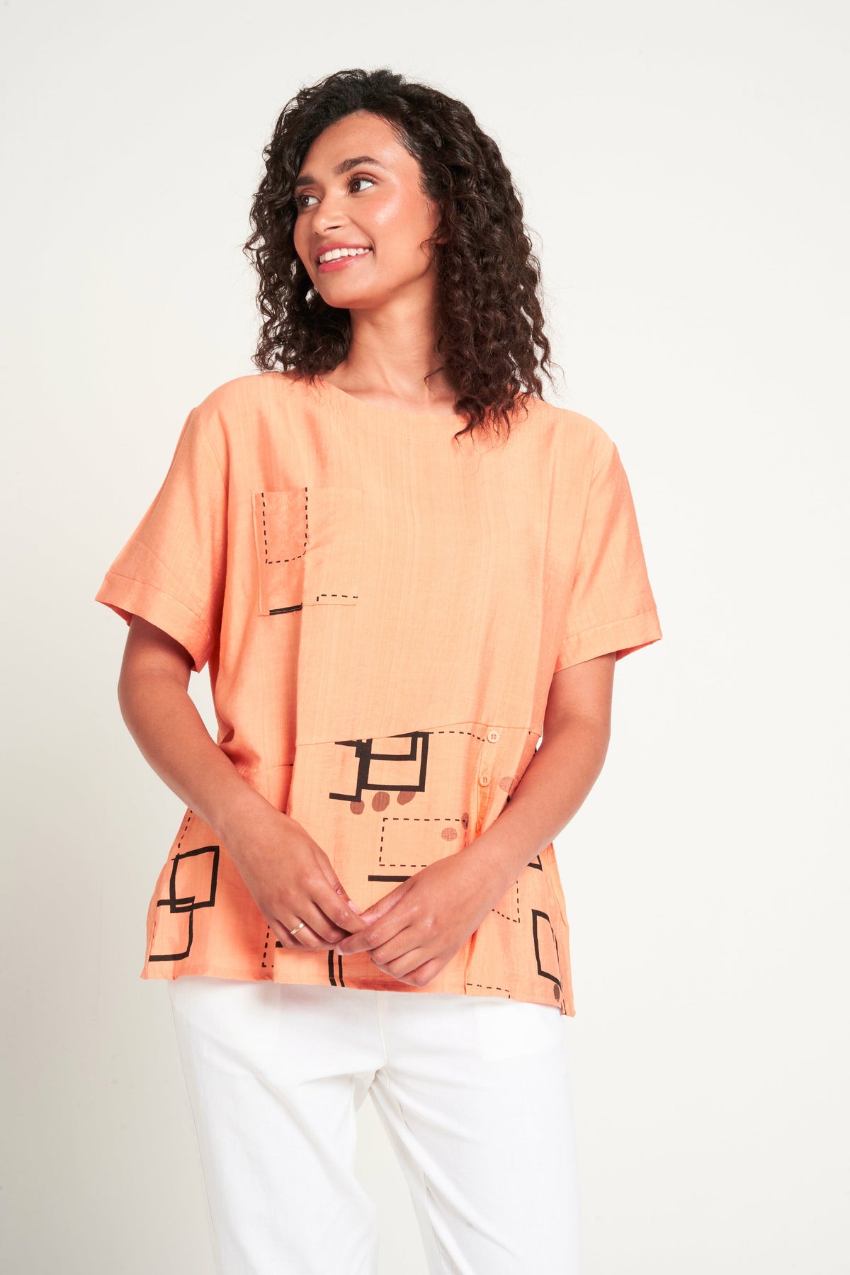 Saloos Print/Plain Panelled Top with Front Pocket