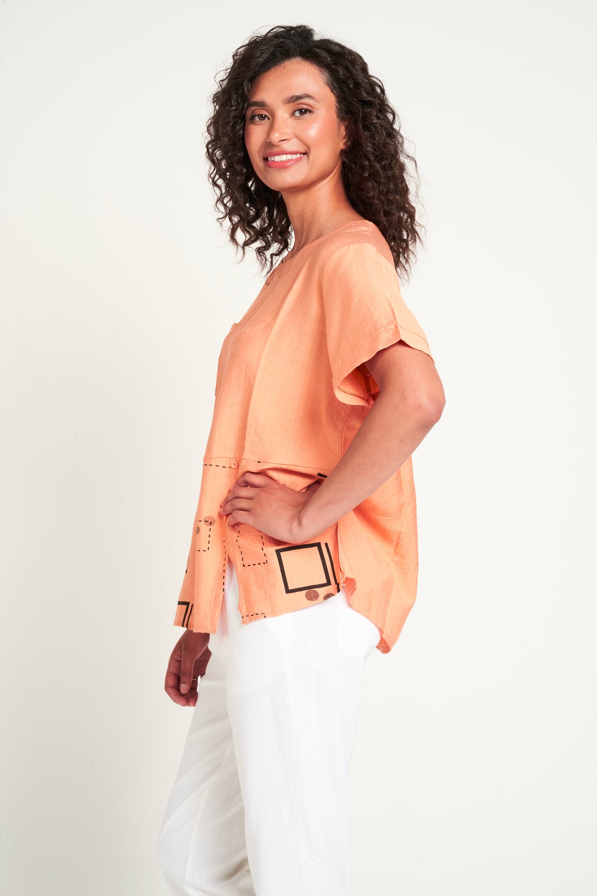 Saloos Print/Plain Panelled Top with Front Pocket