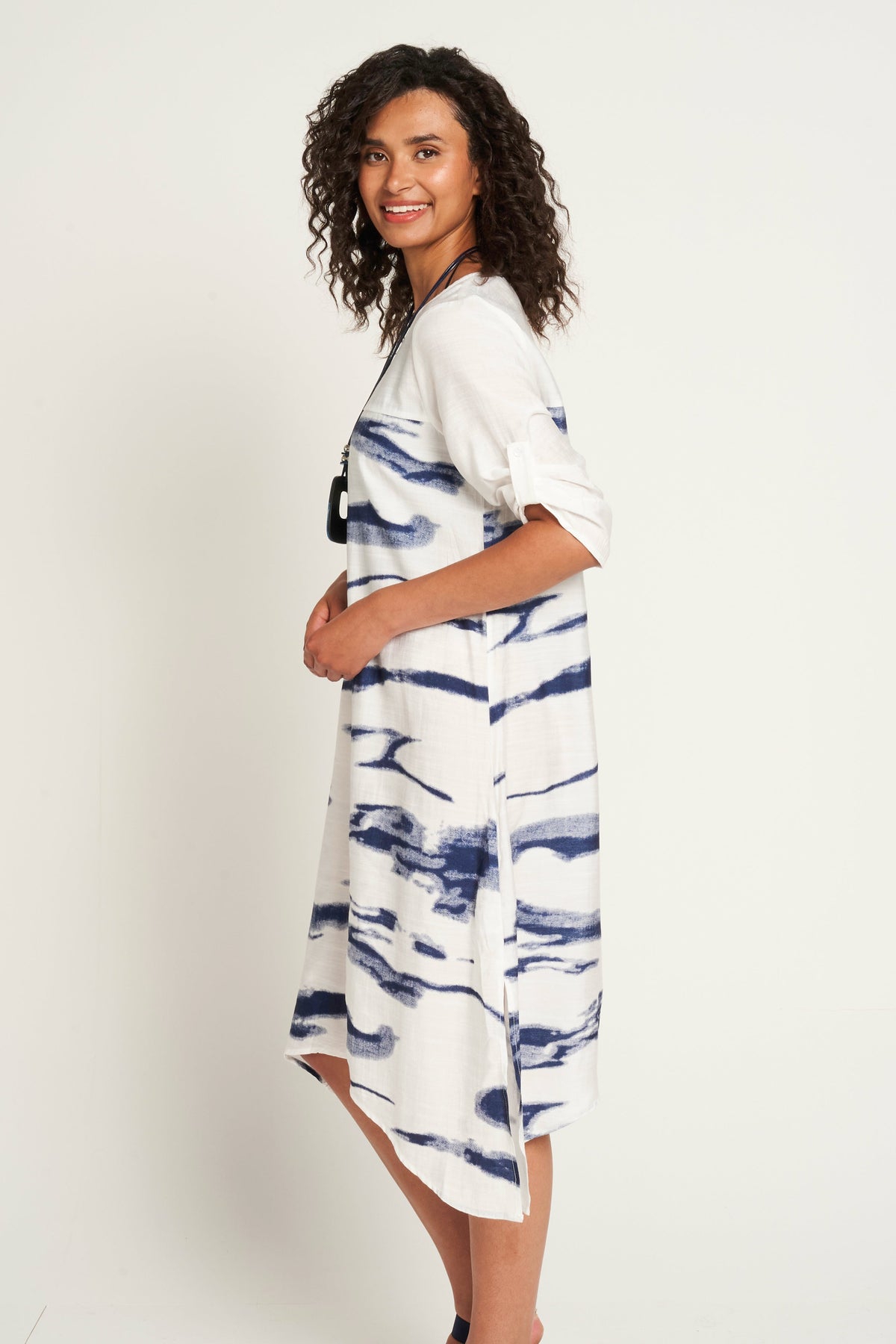 Saloos Ruched Sleeve Print Dress with Necklace