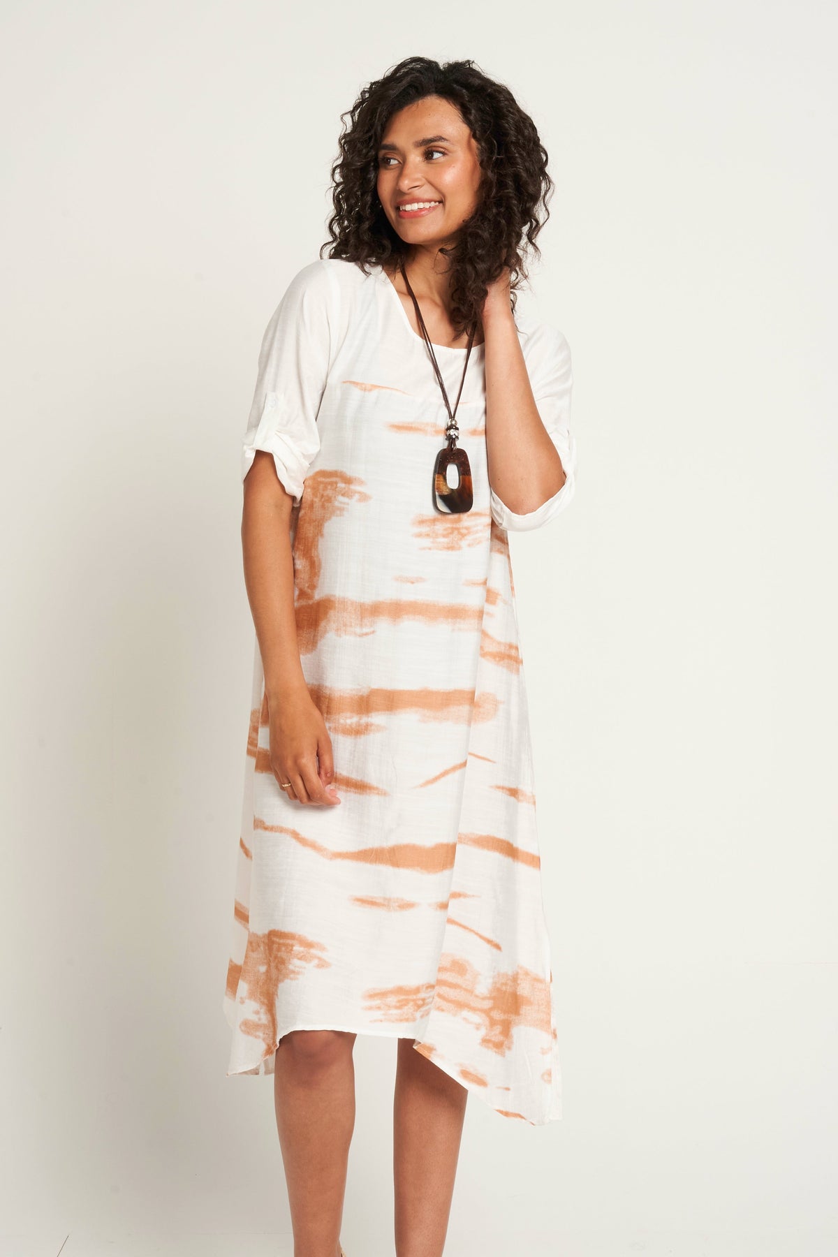 Saloos Ruched Sleeve Print Dress with Necklace