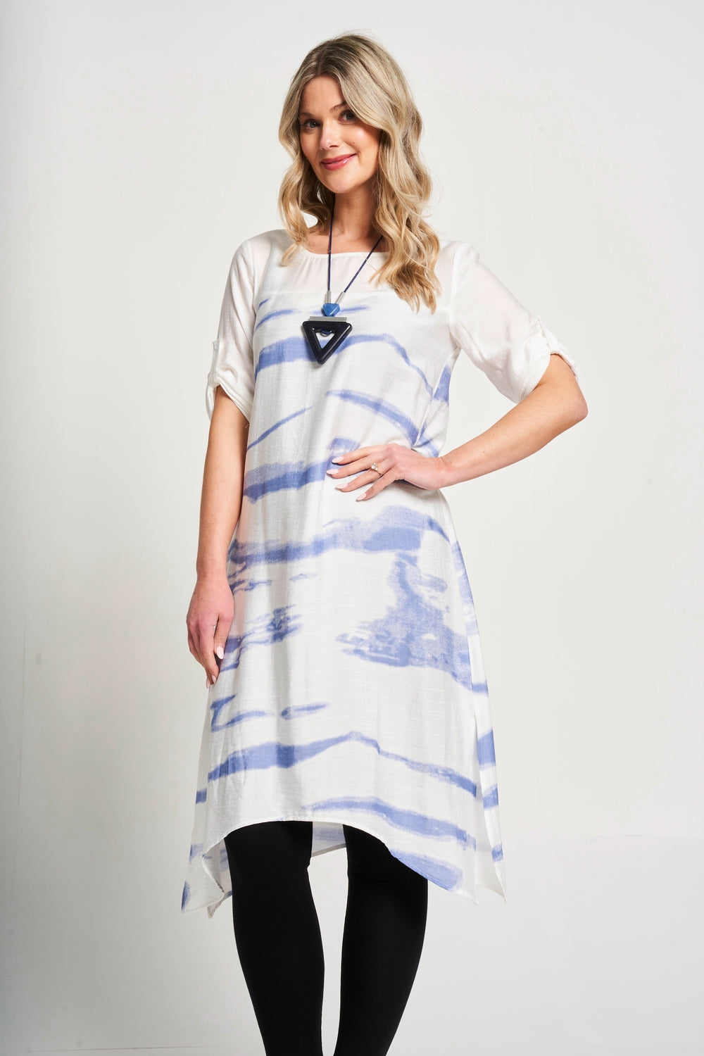 Saloos Ruched Sleeve Print Dress with Necklace