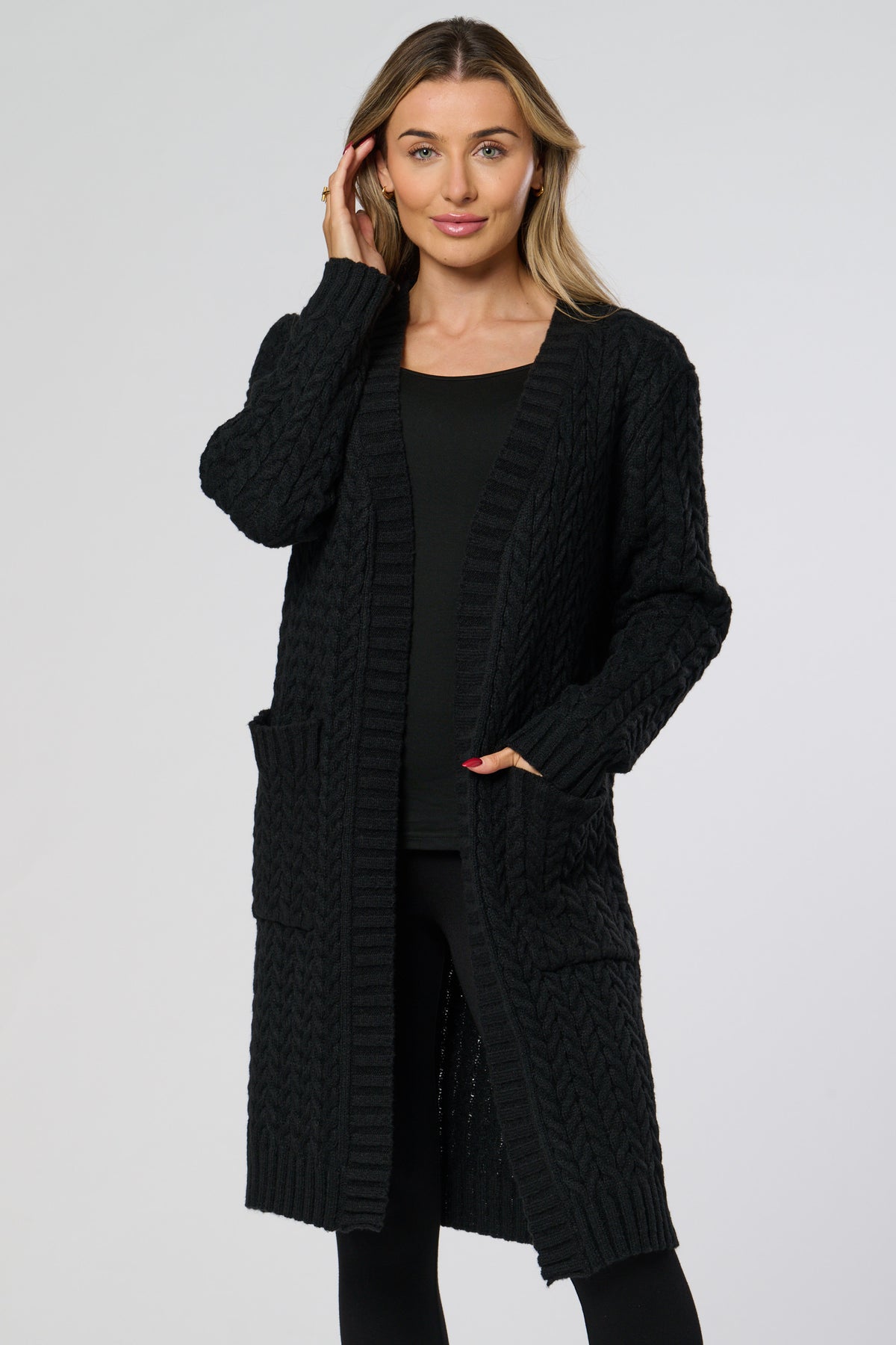 Saloos Long Cable Knit Cardigan with Pockets