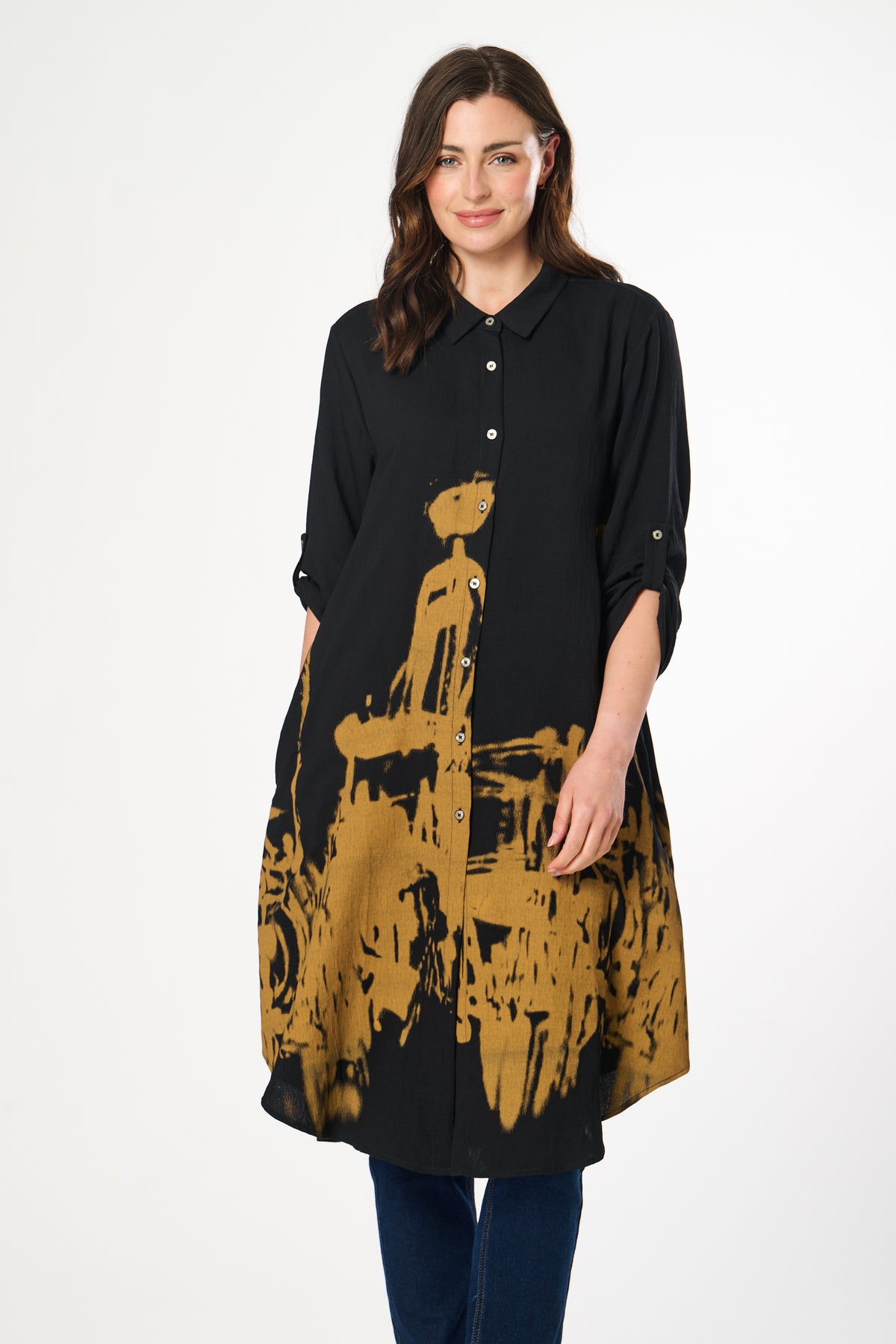 Saloos Border Print Swing Shirt-Dress