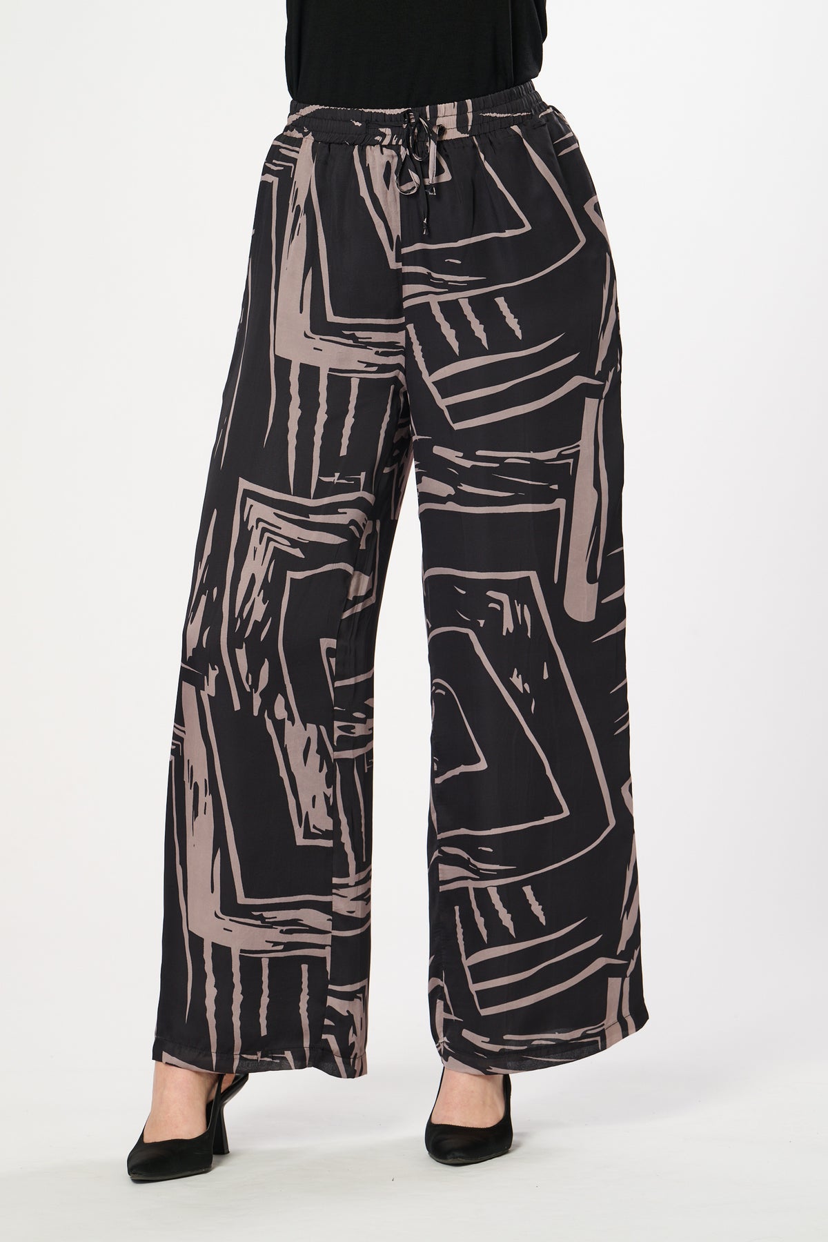 Saloos SIlk Feel Abstract Print Wide Leg  Trousers