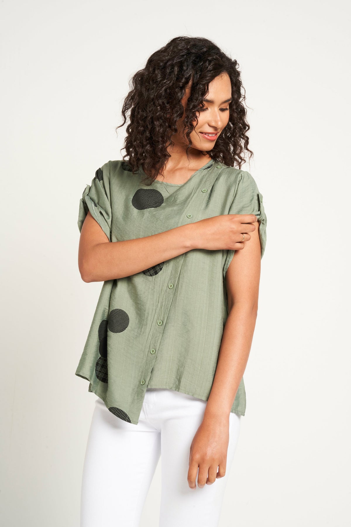 Saloos Front Diagonal Button Detail Top