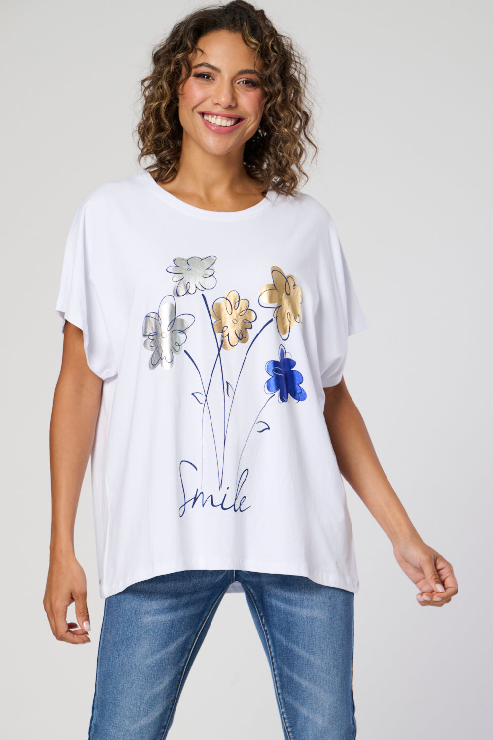 Saloos Oversized Tee with Front Metallic Floral Motif