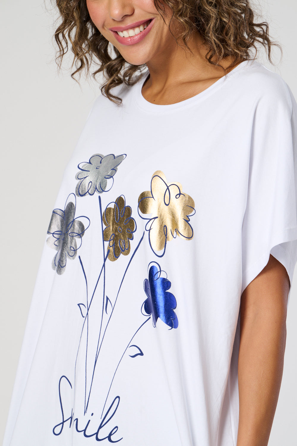 Saloos Oversized Tee with Front Metallic Floral Motif