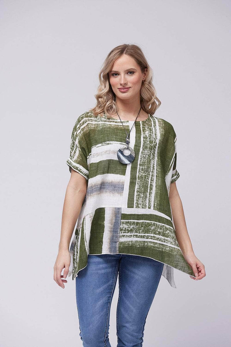 FP-G Top Khaki / UK: 10 - EU: 36 - US: XS Saloos Loose Panelled Cotton Top with Necklace