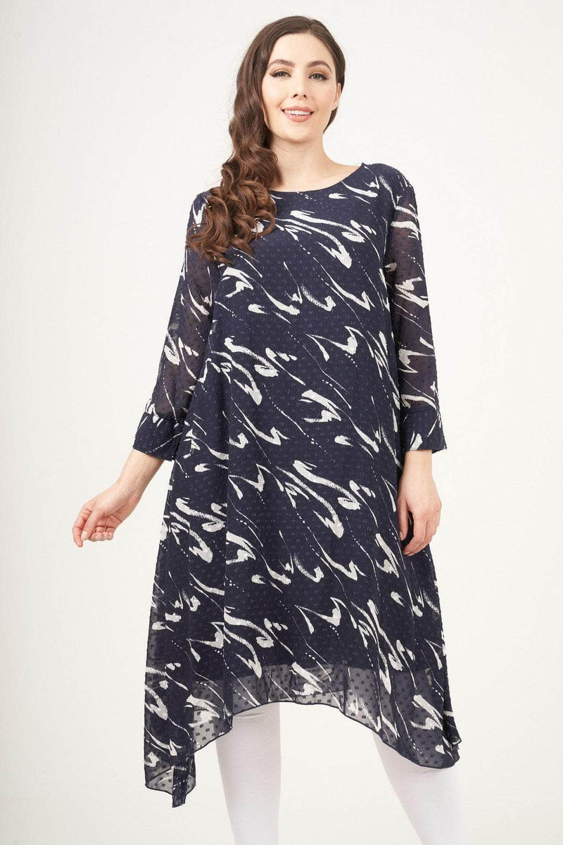 Saloos Dress 10 / dark blue Calligraphic Chiffon Midi-Dress with Necklace