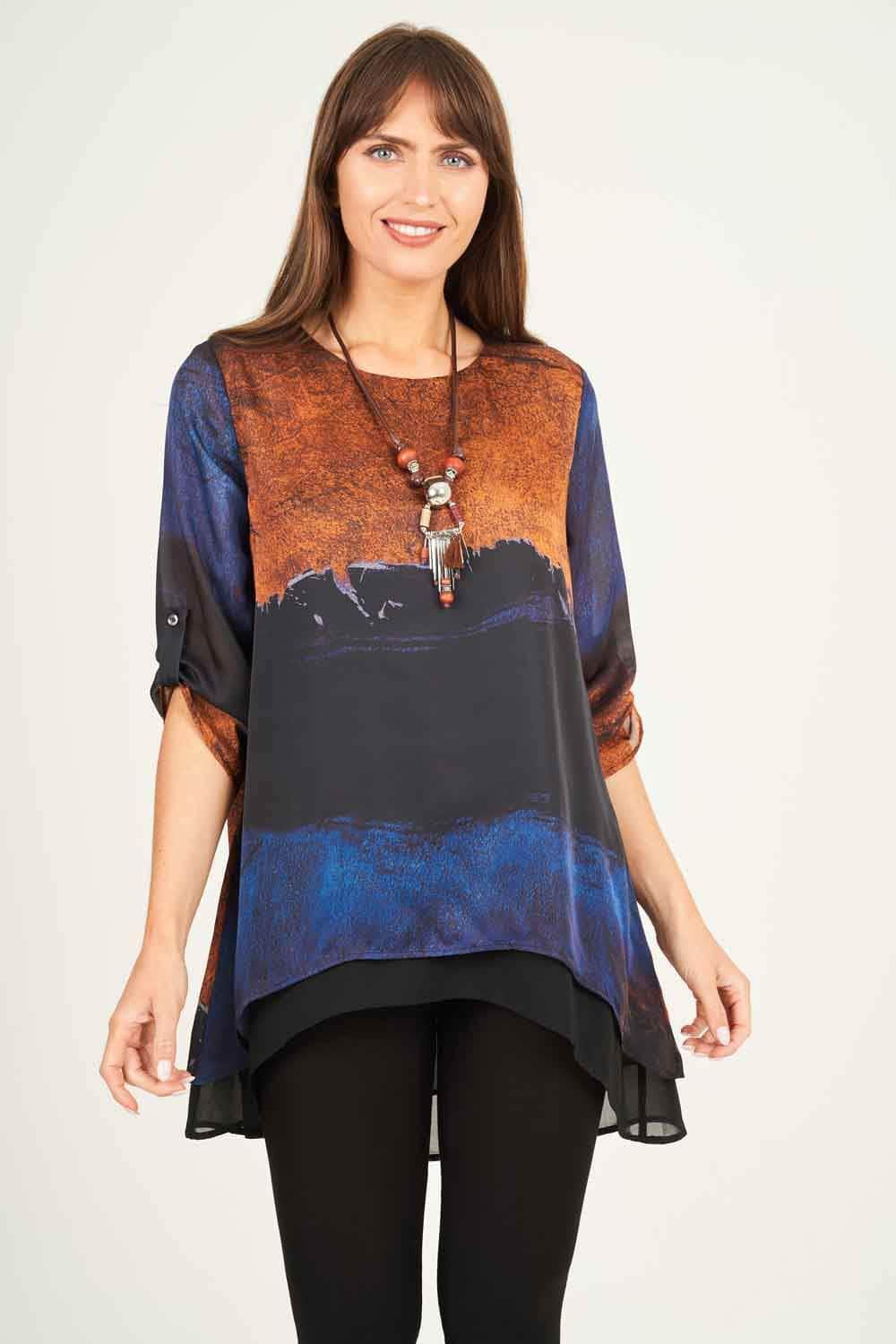 Saloos Silk-Look Tie-Dye Elliptical Tunic Top with Necklace